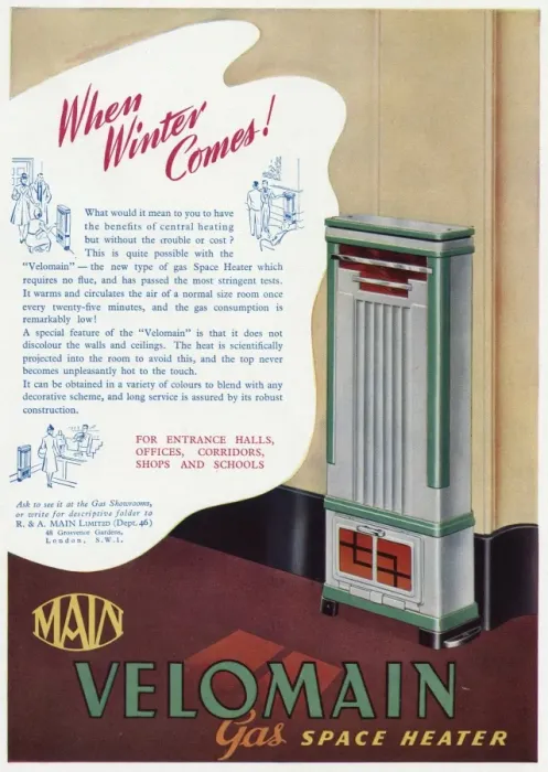 Framed Print : Advert Main Velomain gas space heater 1939 Framed Print : Advert Main Velomain gas space heater 1939