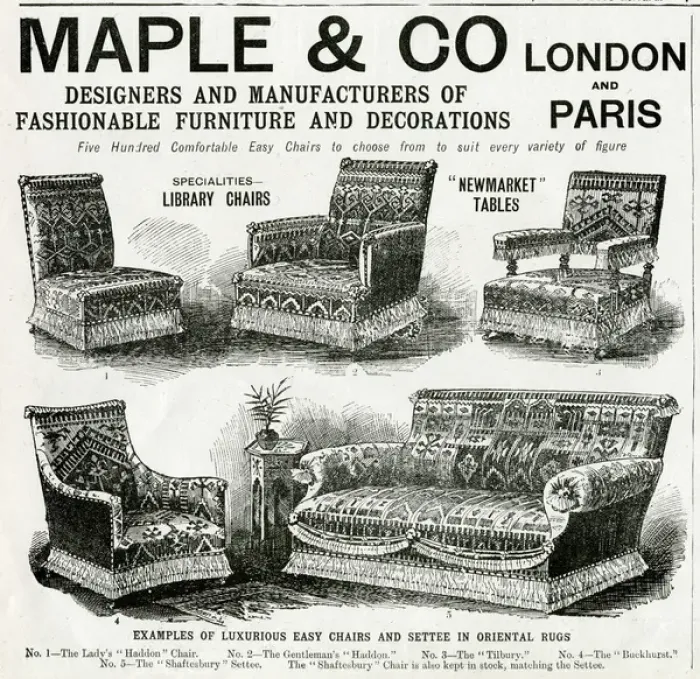 Framed Print : Advert for Maple & Co oriental sytle easy chairs 1900 Framed Print : Advert for Maple & Co oriental sytle easy chairs 1900