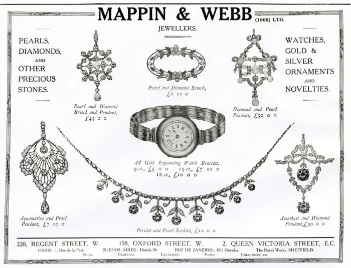 Framed Print : Advert for Mappin & Webb pearl and diamond jewellery 1912 Framed Print : Advert for Mappin & Webb pearl and diamond jewellery 1912