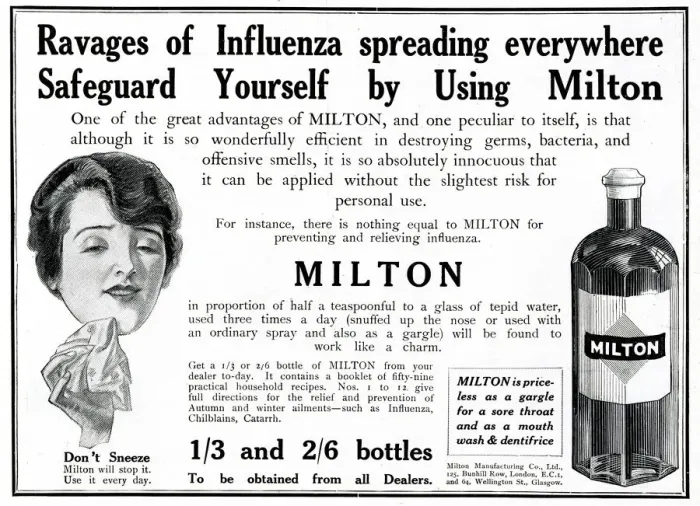 Framed Print : Advert for Milton against influenza 1918 Framed Print : Advert for Milton against influenza 1918