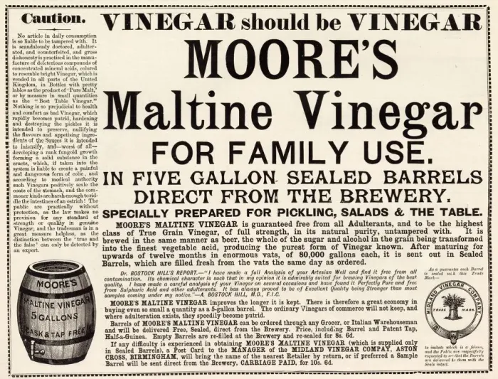 Framed Print : Advertisement for Moores Maltine Vinegar from the Midland Vinegar Company