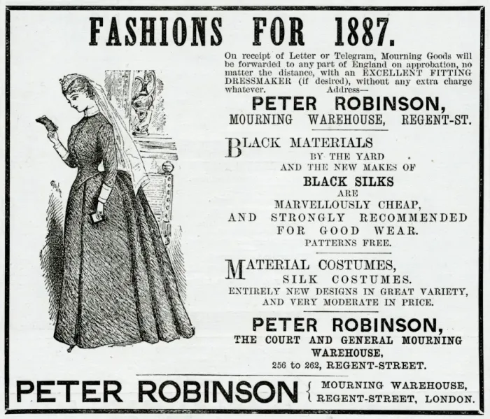Framed Print : Advert for Peter Robinson mourning dress 1887 Framed Print : Advert for Peter Robinson mourning dress 1887