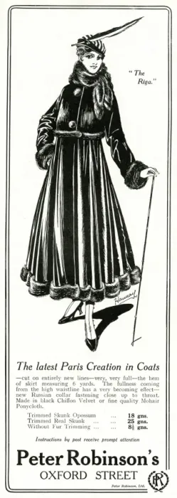 Framed Print : Advert for Peter Robinsons womens fur trim coat 1915 Framed Print : Advert for Peter Robinsons womens fur trim coat 1915