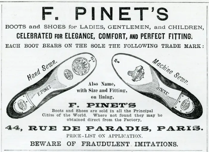 Framed Print : Advert for Pinets footwear in Paris 1887 Framed Print : Advert for Pinets footwear in Paris 1887