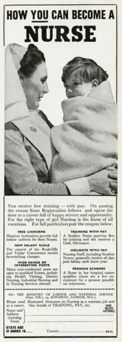Framed Print : Advert for recruitment of nurses 1943 Framed Print : Advert for recruitment of nurses 1943