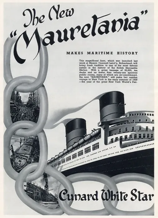 Framed Print : Advertisement for RMS Mauretania, the newly formed Cunard-White Star company, ocean liner. Date: 1938