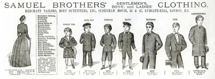 Framed Print : Advert for Samuel Brothers boys outfits 1884 Framed Print : Advert for Samuel Brothers boys outfits 1884