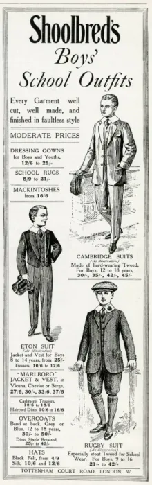 Framed Print : Advert for Shoolbreds boys school uniforms 1915