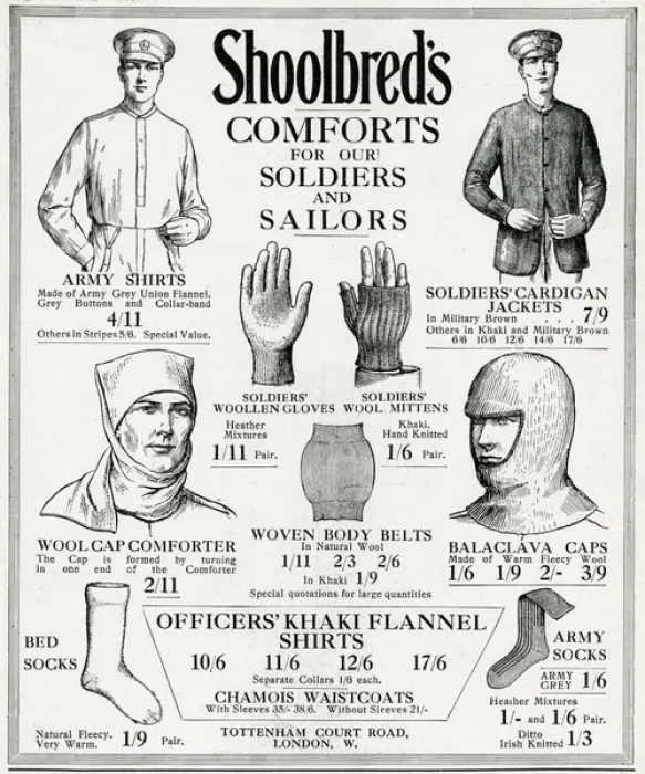 Framed Print : Advert for Shoolbreds soldiers & sailors comforts 1915 Framed Print : Advert for Shoolbreds soldiers & sailors comforts 1915