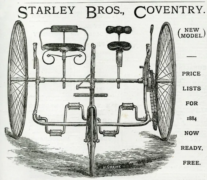 Framed Print : Advert for Starley Bros. Coventry tandem tricycle 1884 Framed Print : Advert for Starley Bros. Coventry tandem tricycle 1884
