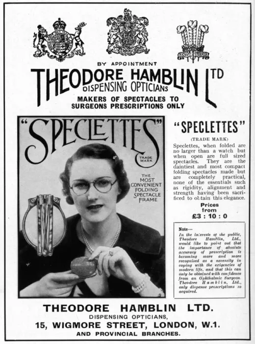 Framed Print : Advert Theodore Hamblin, fold-away spectacles 1937 Framed Print : Advert Theodore Hamblin, fold-away spectacles 1937