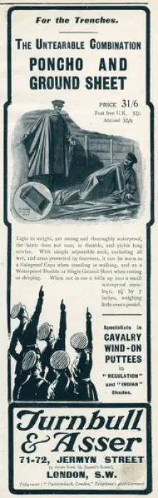 Framed Print : Advert for Turnbull & Asser, combined poncho & ground-sheet Framed Print : Advert for Turnbull & Asser, combined poncho & ground-sheet