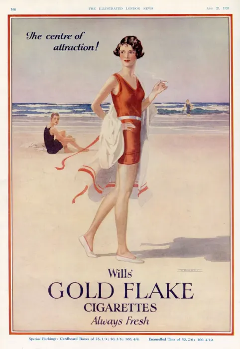 Framed Print : Advert for Wills Gold Flake cigarettes, featuring a glamorous young woman smoking a