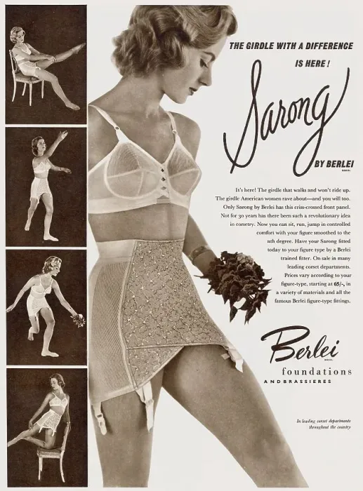 Framed Print : Advertisement for women's criss-crossed front panel bra and girdle. Date: 1954 Framed Print : Advertisement for women's criss-crossed front panel bra and girdle. Date: 1954