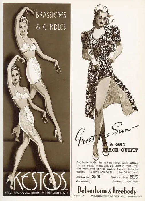 Framed Print : Two adverts from Kestos, brassieres and girdles and Debenham & Freebody beach outfit. Date: May 1940 Framed Print : Two adverts from Kestos, brassieres and girdles and Debenham & Freebody beach outfit. Date: May 1940