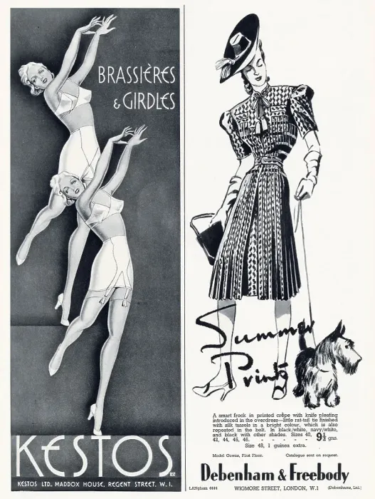 Framed Print : Two adverts from Kestos, brassieres and girdles and Debenham & Freebody smart printed frock. Date: May 1940 Framed Print : Two adverts from Kestos, brassieres and girdles and Debenham & Freebody smart printed frock. Date: May 1940