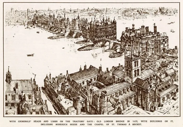 Framed Print : An aerial view of Southwark and the Old London Bridge in 1600. Date: 1600 Framed Print : An aerial view of Southwark and the Old London Bridge in 1600. Date: 1600