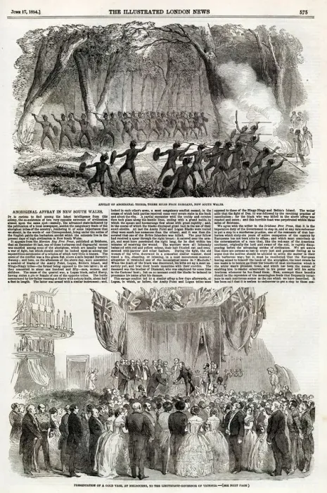 Framed Print : Affray of rival Aboriginal tribes, three miles from Brisbane in New South Wales Framed Print : Affray of rival Aboriginal tribes, three miles from Brisbane in New South Wales