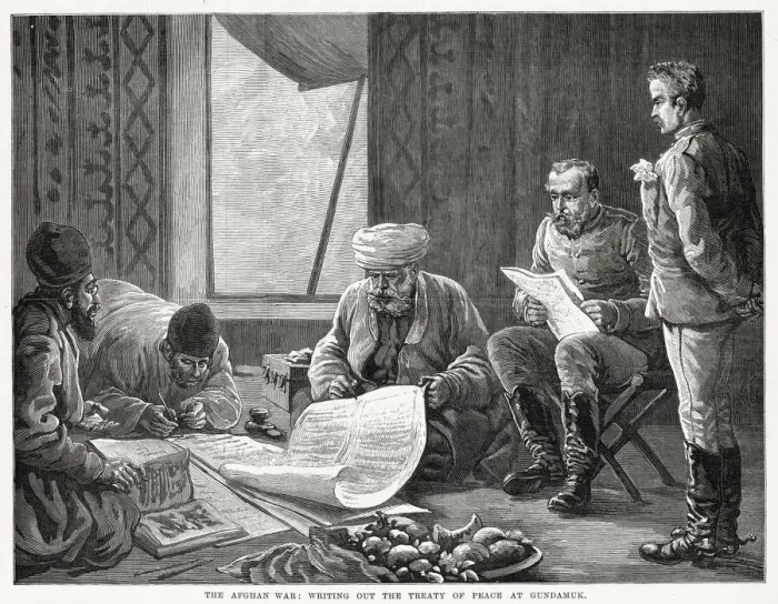 Framed Print : Afghan War: writing out the treaty of peace, 1879 Framed Print : Afghan War: writing out the treaty of peace, 1879