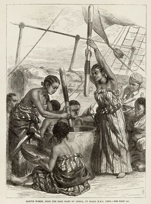 Framed Print : African women from the east coast of Africa husking millet on board HMS Lynx to provide fresh food for the crew Date: 1869 Framed Print : African women from the east coast of Africa husking millet on board HMS Lynx to provide fresh food for the crew Date: 1869