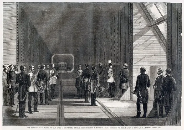 Framed Print : Albert Edward, Prince of Wales (later Edward VII) closing the Last Rivet of the Robert Stephenson's bridge Victoria Tubular Bridge over the St Lawrence River at Montreal, Canada. Date: 25 August 1860 Framed Print : Albert Edward, Prince of Wales (later Edward VII) closing the Last Rivet of the Robert Stephenson's bridge Victoria Tubular Bridge over the St Lawrence River at Montreal, Canada. Date: 25 August 1860