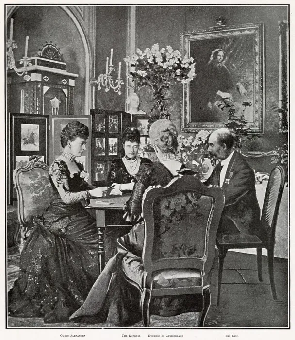 Framed Print : Alexandra of Denmark (consort to Edward VII) in Copenhagen, playing quiet rubber (card game) with her two sisters, Maria Feodorovna, Princess Thyra of Denmark and father Christian IX, King of Denmark. Date: 1903 Framed Print : Alexandra of Denmark (consort to Edward VII) in Copenhagen, playing quiet rubber (card game) with her two sisters, Maria Feodorovna, Princess Thyra of Denmark and father Christian IX, King of Denmark. Date: 1903