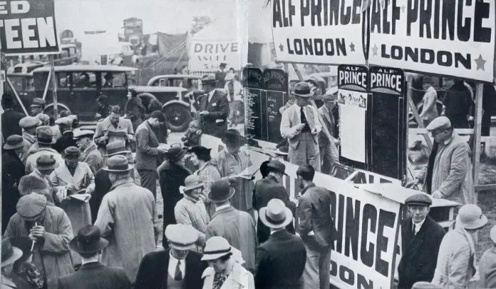 Framed Print : Alf Prince, bookmaker - stand at Epsom racecourse. Date: 1937 Framed Print : Alf Prince, bookmaker - stand at Epsom racecourse. Date: 1937