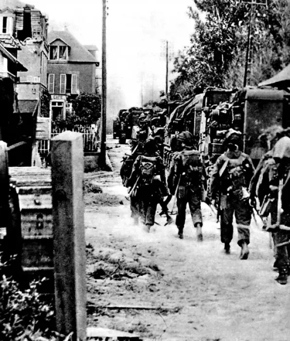 Framed Print : Allied Troops moving through a French village; Second World Framed Print : Allied Troops moving through a French village; Second World