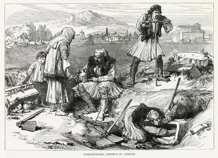 Framed Print : Amateur treasure hunters tomb raiding at the Isthmus of Corinth. Date: 1877 Framed Print : Amateur treasure hunters tomb raiding at the Isthmus of Corinth. Date: 1877