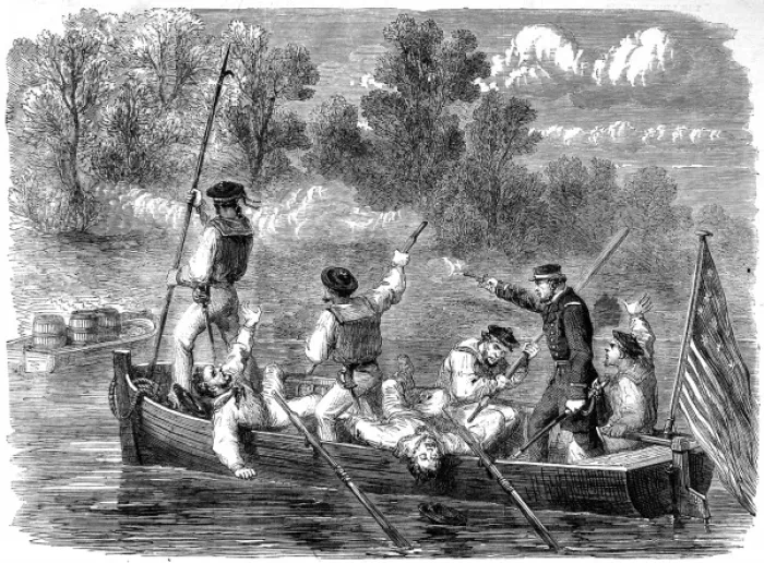 Framed Print : American Civil war. Confederates trapping a boats crew of t Framed Print : American Civil war. Confederates trapping a boats crew of t