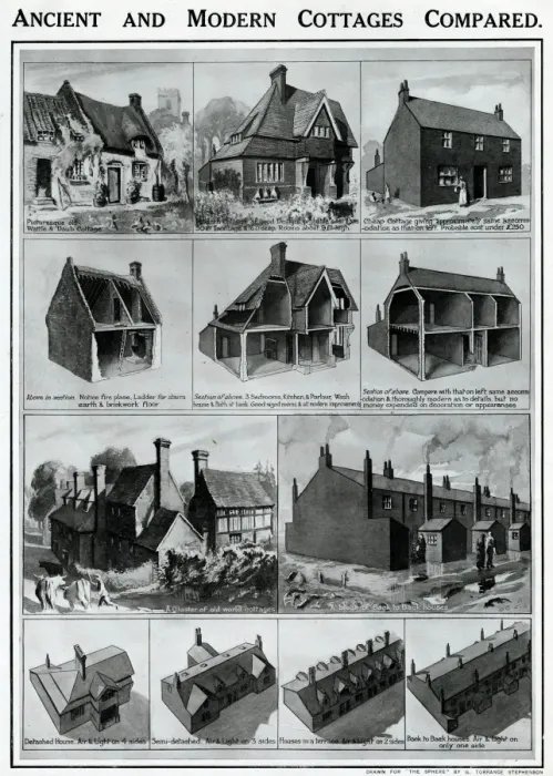 Framed Print : Ancient and modern cottages compared