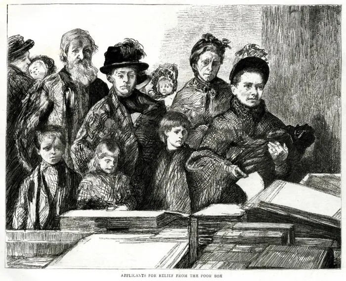 Framed Print : Applicants for relief from the poor box 1887 Framed Print : Applicants for relief from the poor box 1887