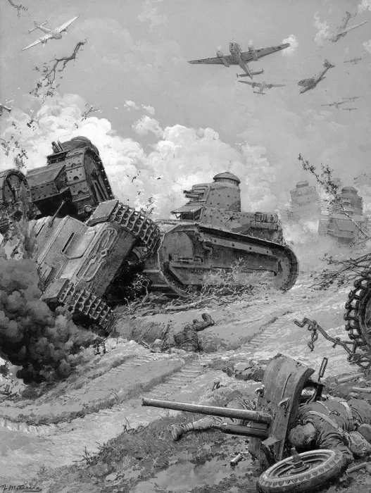 Framed Print : Army tanks in battle with planes overhead, WW2 Framed Print : Army tanks in battle with planes overhead, WW2