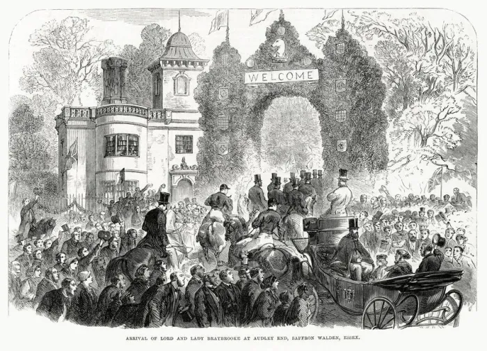 Framed Print : The arrival of Lord and Lady Braybrooke at Audley End House. Date: 1866 Framed Print : The arrival of Lord and Lady Braybrooke at Audley End House. Date: 1866