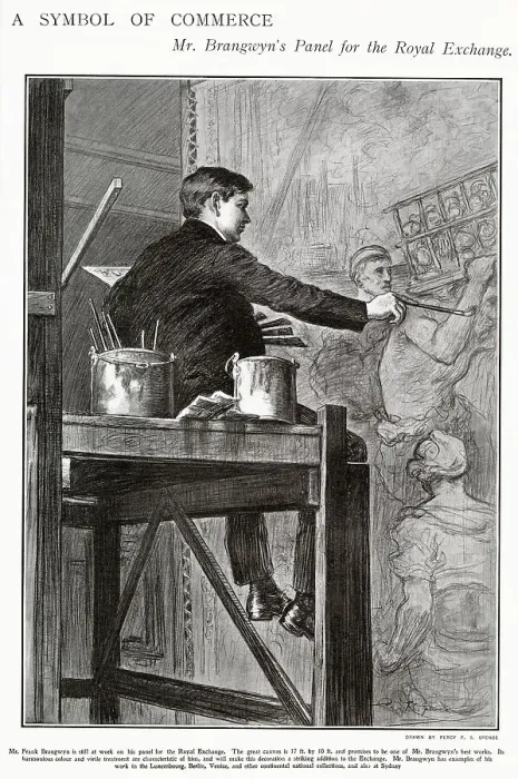 Framed Print : Artist Frank Brangwyn painting a panel at the Royal Exchange, London, representing commerce. Date: 1903 Framed Print : Artist Frank Brangwyn painting a panel at the Royal Exchange, London, representing commerce. Date: 1903