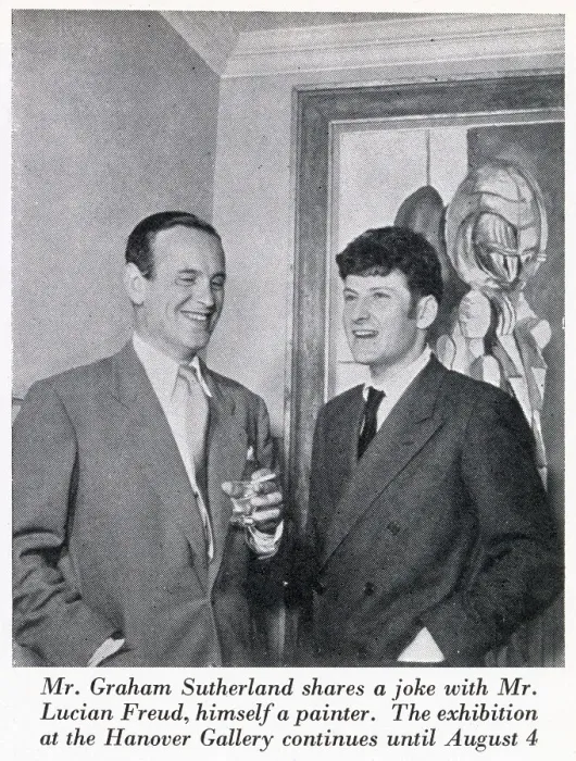 Framed Print : Artists (left to right) Graham Sutherland (1903 - 1980), and Lucian Freud (1922 - 2011), at the Private View of an exhibition of Sutherland's work at the Hanover Gallery. Date: 1951 Framed Print : Artists (left to right) Graham Sutherland (1903 - 1980), and Lucian Freud (1922 - 2011), at the Private View of an exhibition of Sutherland's work at the Hanover Gallery. Date: 1951