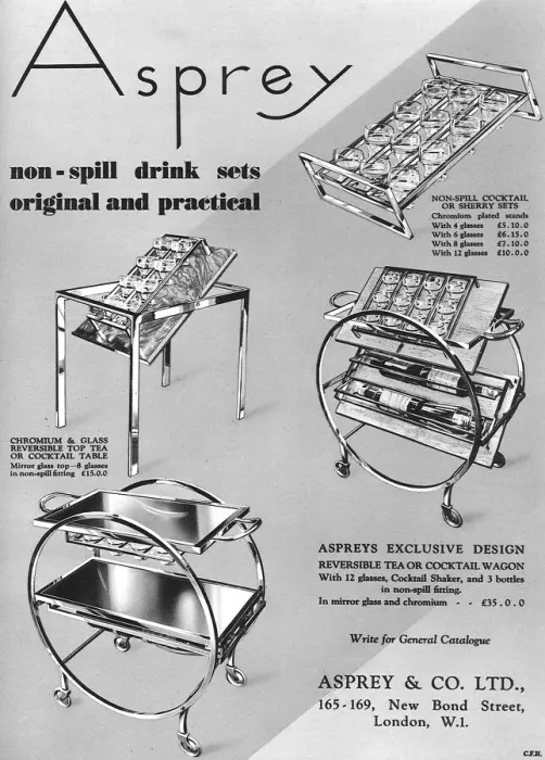 Framed Print : Asprey non-spill drink sets and trolleys advertisement, 1935 Framed Print : Asprey non-spill drink sets and trolleys advertisement, 1935