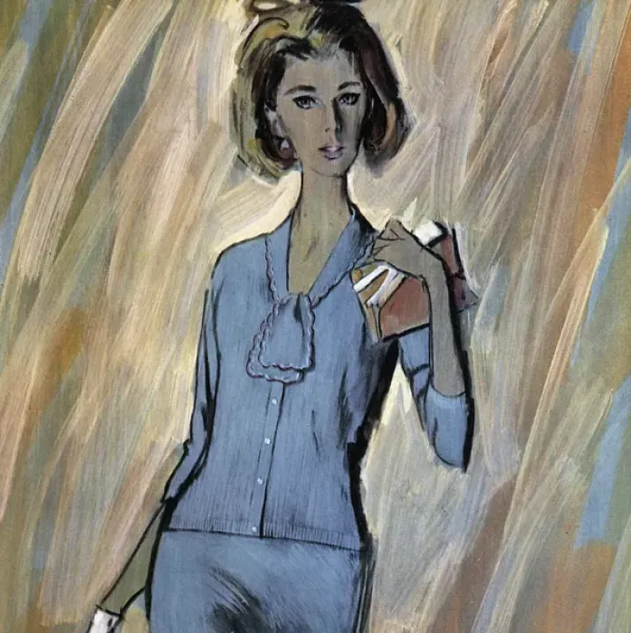 Framed Print : Ballantyne golfer sweater and skirt - sixties woman Framed Print : Ballantyne golfer sweater and skirt - sixties woman