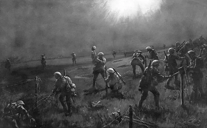 Framed Print : Barbed wire party freeze under enemy star shell, WW1
