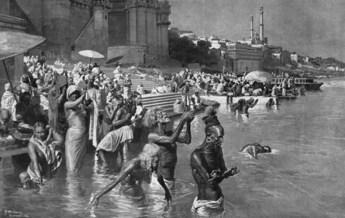 Framed Print : Bathing in the Ganges by Fortunino Matania Framed Print : Bathing in the Ganges by Fortunino Matania