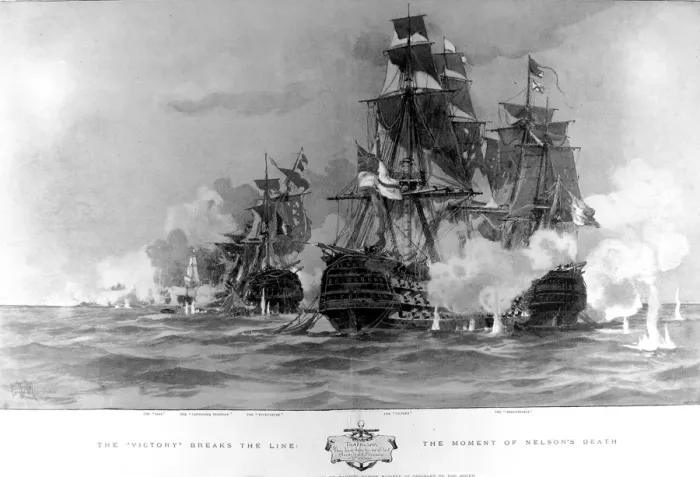 Framed Print : The Battle of Trafalgar, H. M. S. Victory breaks the line