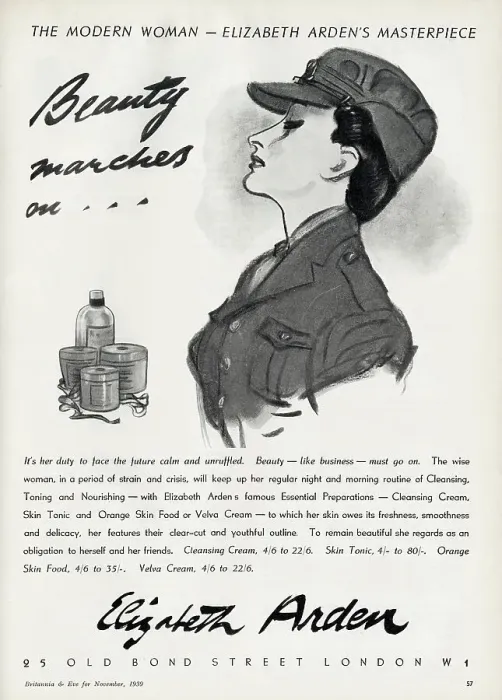 Framed Print : Beauty marches on... WWII era advertisement for Elizabeth Arden featuring a woman smartly dressed in uniform. It's her duty to face the future calm and unruffled. Beauty - like business - must go on. Date: 1939 Framed Print : Beauty marches on... WWII era advertisement for Elizabeth Arden featuring a woman smartly dressed in uniform. It's her duty to face the future calm and unruffled. Beauty - like business - must go on. Date: 1939