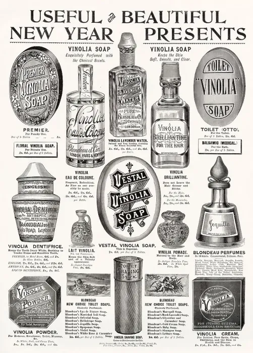 Framed Print : Beauty products for gifts for New Years. Date: 1895