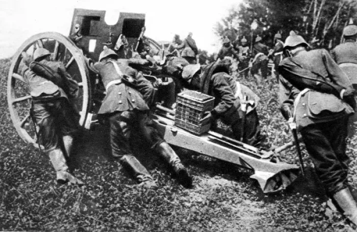 Framed Print : On the Belgian Frontier: German field guns being run forward to open fire Framed Print : On the Belgian Frontier: German field guns being run forward to open fire