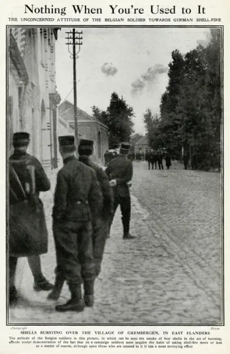 Framed Print : Belgian soldiers watching German shell fire, WW1