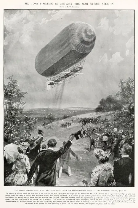 Framed Print : Biggest experimental airship built at the time, designed by Dr. Barton and F. L. Rawson flying over Alexandra Palace, London. Date: 22nd July 1905