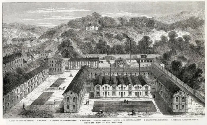 Framed Print : Bird s-eye view of the exterior of the new serves porcelain manufactory in the Park of St Framed Print : Bird s-eye view of the exterior of the new serves porcelain manufactory in the Park of St