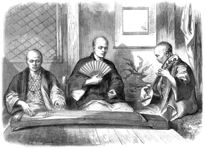 Framed Print : Blind Japanese musicans, 1864 Framed Print : Blind Japanese musicans, 1864