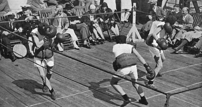 Framed Print : Blindfold boxing match on board the Berengaria Framed Print : Blindfold boxing match on board the Berengaria