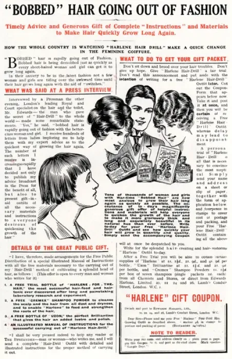 Framed Print : Bobbed hair going out of fashion, 1919 Harlene advert Framed Print : Bobbed hair going out of fashion, 1919 Harlene advert
